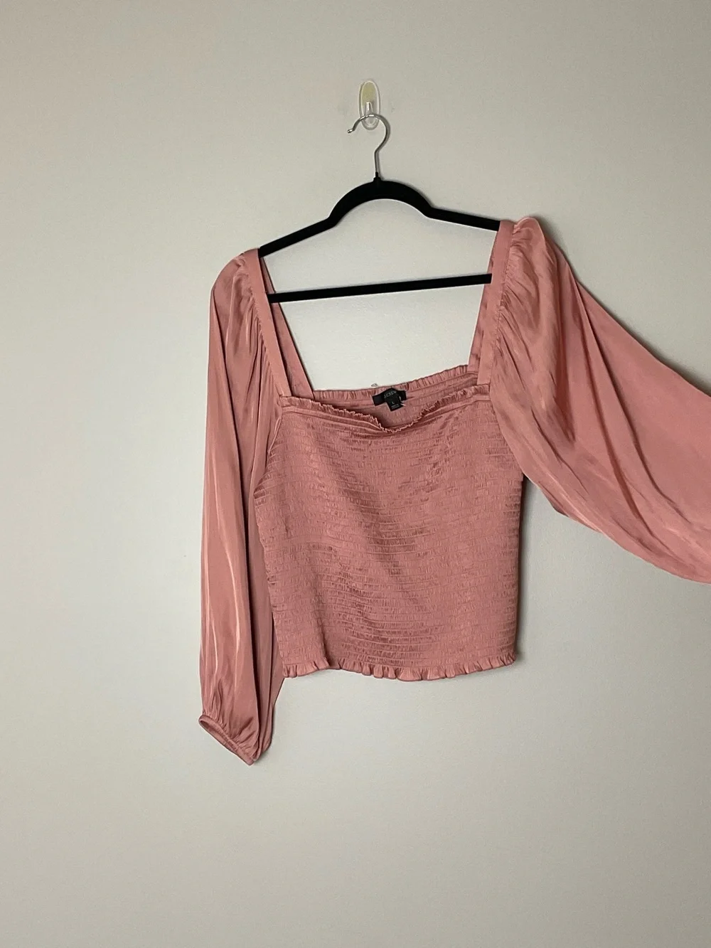 J. Crew Rose Pink Smocked Squareneck Satin Long Sleeve Cropped Top Large